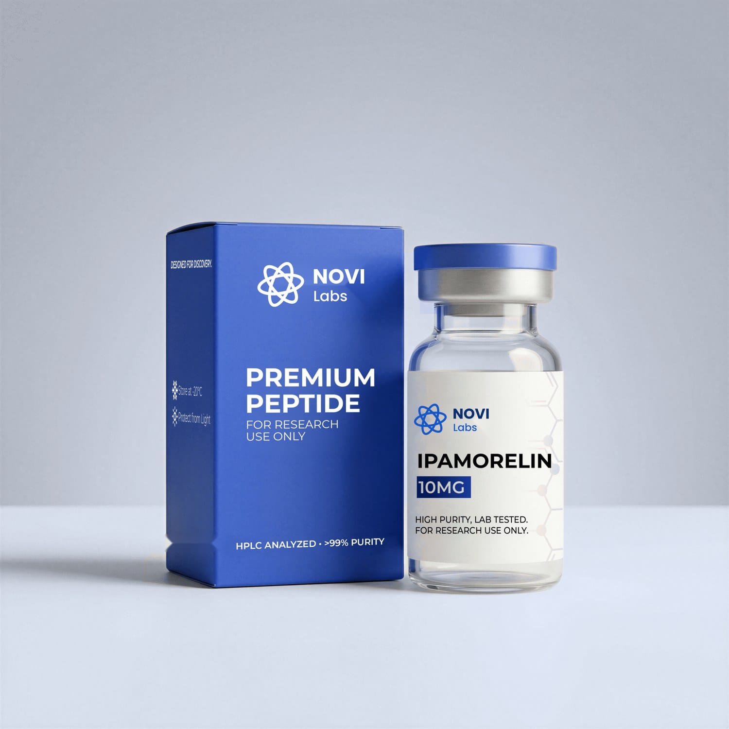 Ipamorelin research peptide — Novi Labs, ≥99% zuiverheid (HPLC), CoA per batch