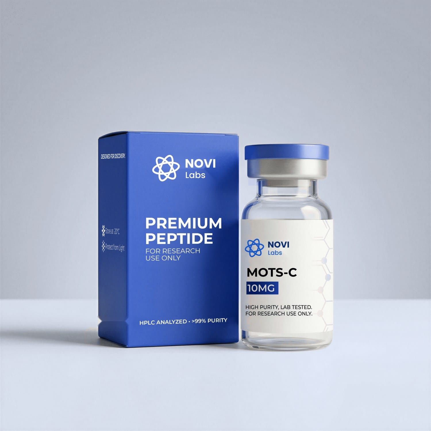 MOTS-c research peptide — Novi Labs, ≥99% zuiverheid (HPLC), CoA per batch